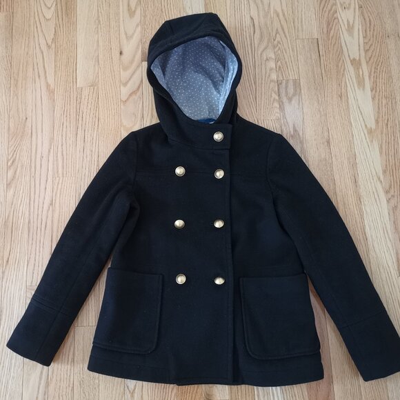 Crewcuts JCrew Girls Black Wool Peacoat Hooded Double-Breasted Jacket size 12 - Picture 1 of 6
